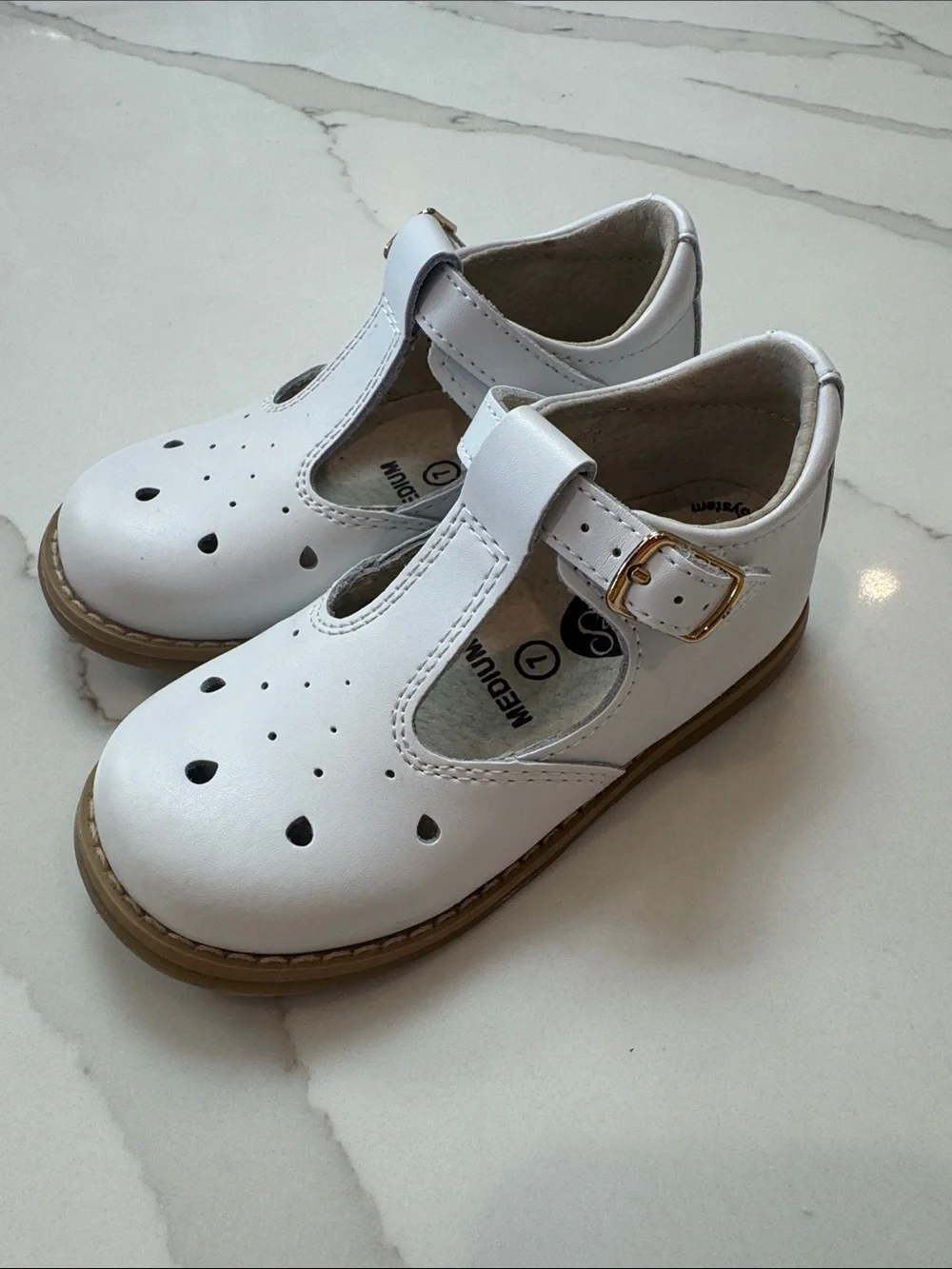 FootMates Harper T-strap White Girls Dress Shoes with Buckle